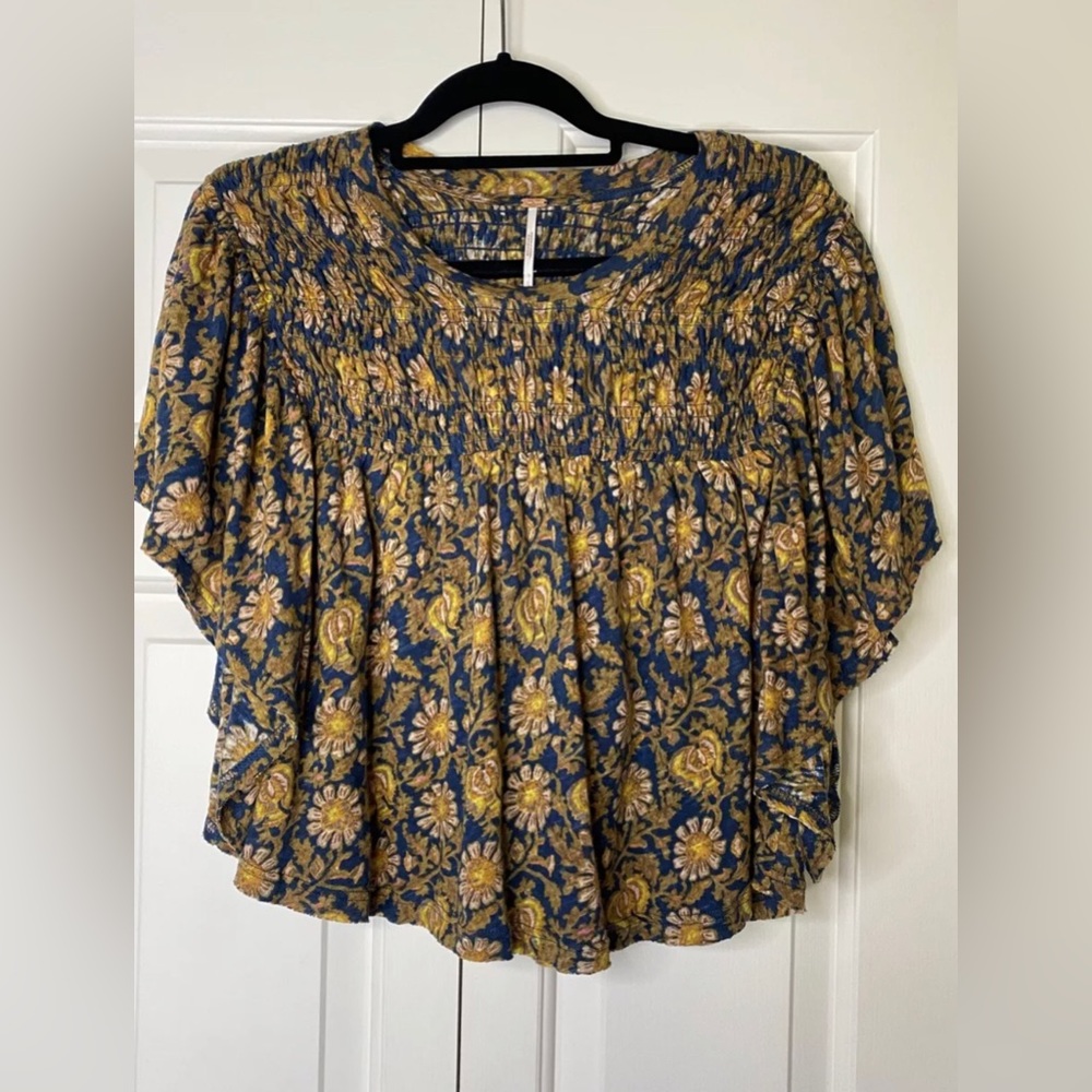 NEW Free People Ruffled Up Top Navy/Gold Floral Print Smocked Flowy Cropped